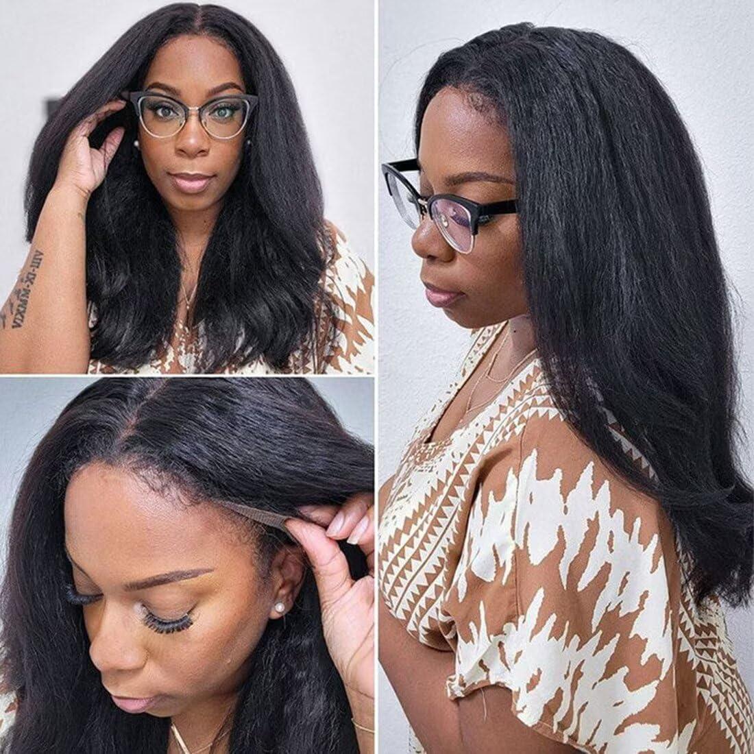 image:image13x4 Perruque Bresilienne Yaki Lace Wig Human Hair Perruque Femme Naturelle Brsilien 180 Density Yaki Cheveux Humain Prplum Kinky Straight Human Hair Wig With Edges Hairline 16 Pouces22 Pouces