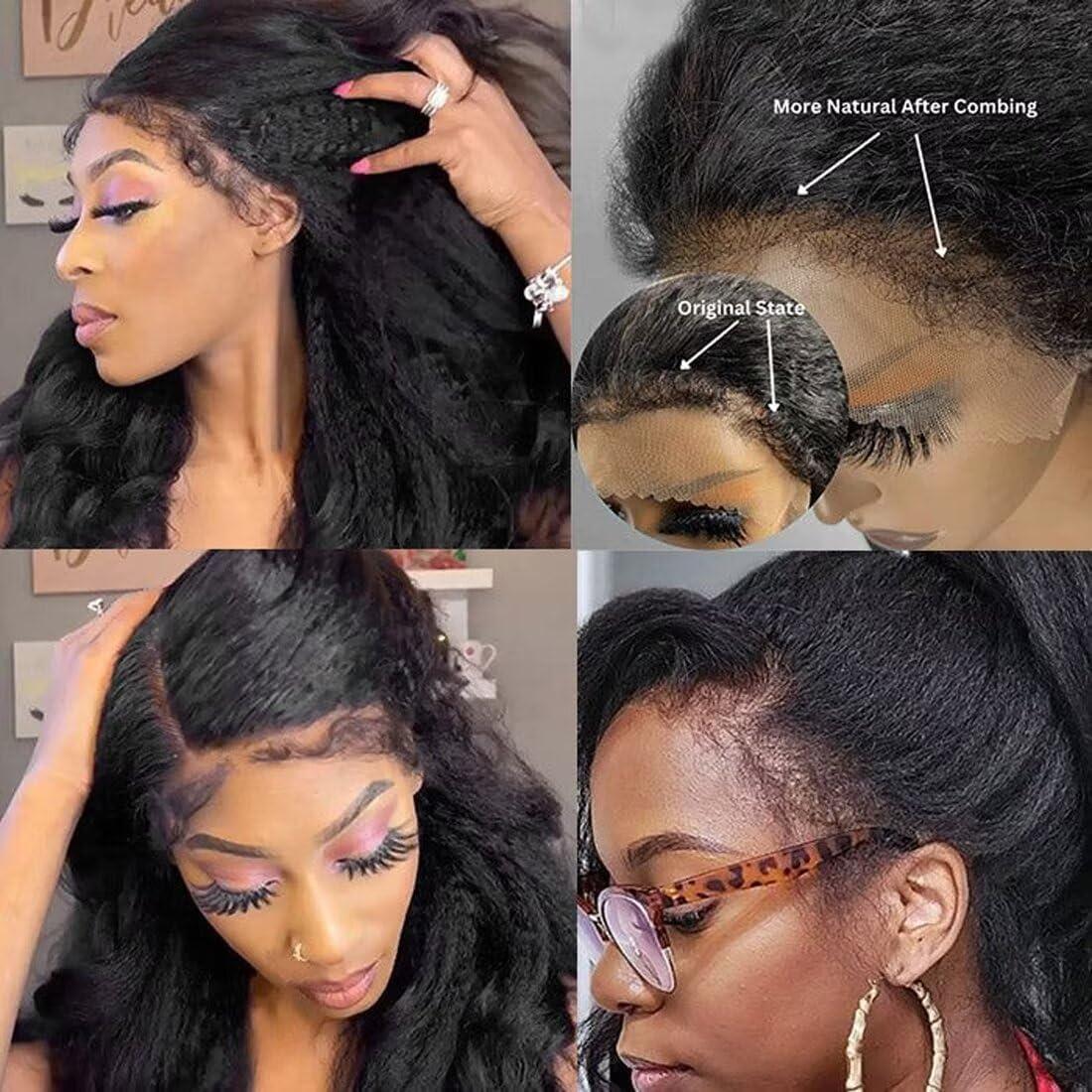 image:image13x4 Perruque Bresilienne Yaki Lace Wig Human Hair Perruque Femme Naturelle Brsilien 180 Density Yaki Cheveux Humain Prplum Kinky Straight Human Hair Wig With Edges Hairline 16 Pouces22 Pouces