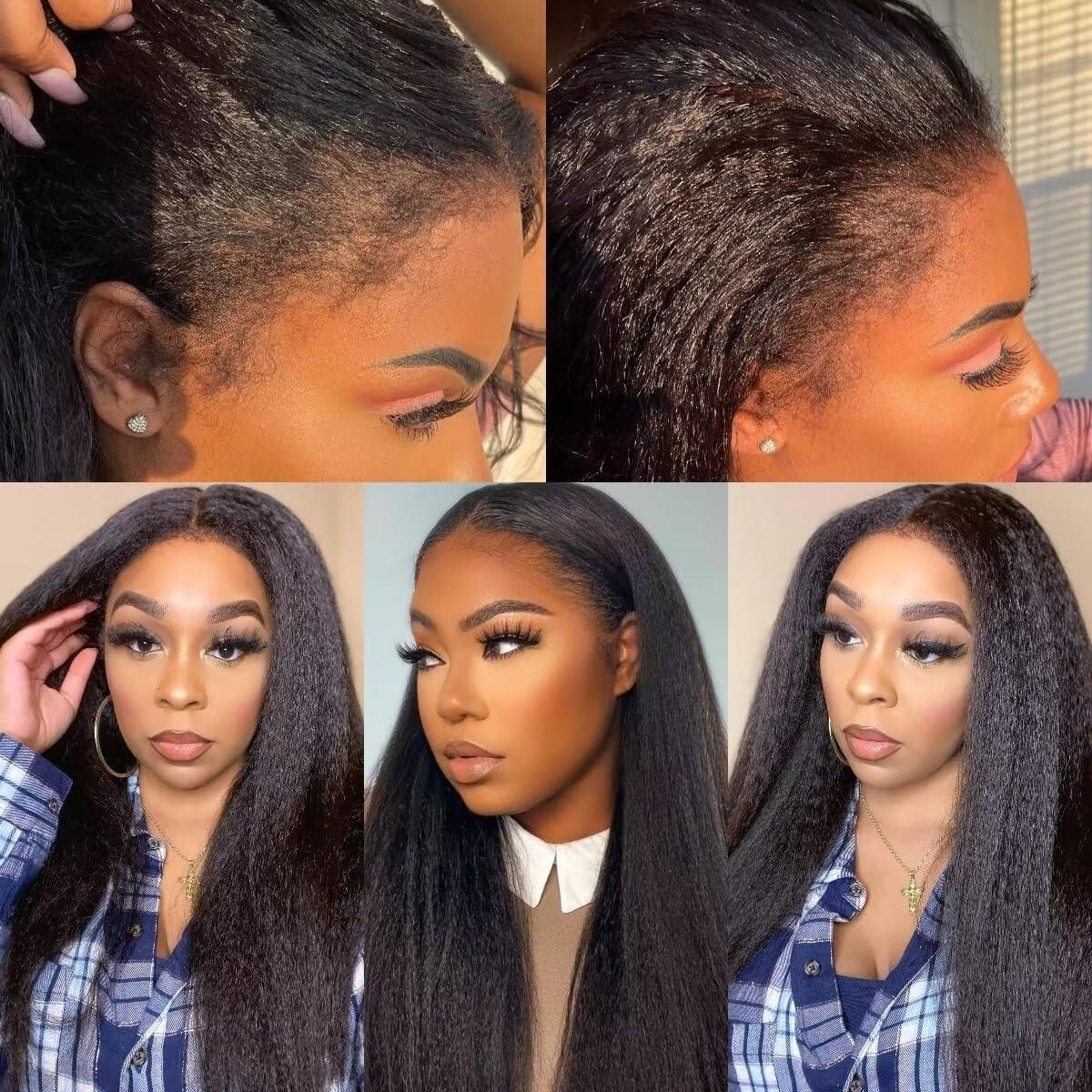 image:image13x4 Perruque Bresilienne Yaki Lace Wig Human Hair Perruque Femme Naturelle Brsilien 180 Density Yaki Cheveux Humain Prplum Kinky Straight Human Hair Wig With Edges Hairline 16 Pouces22 Pouces
