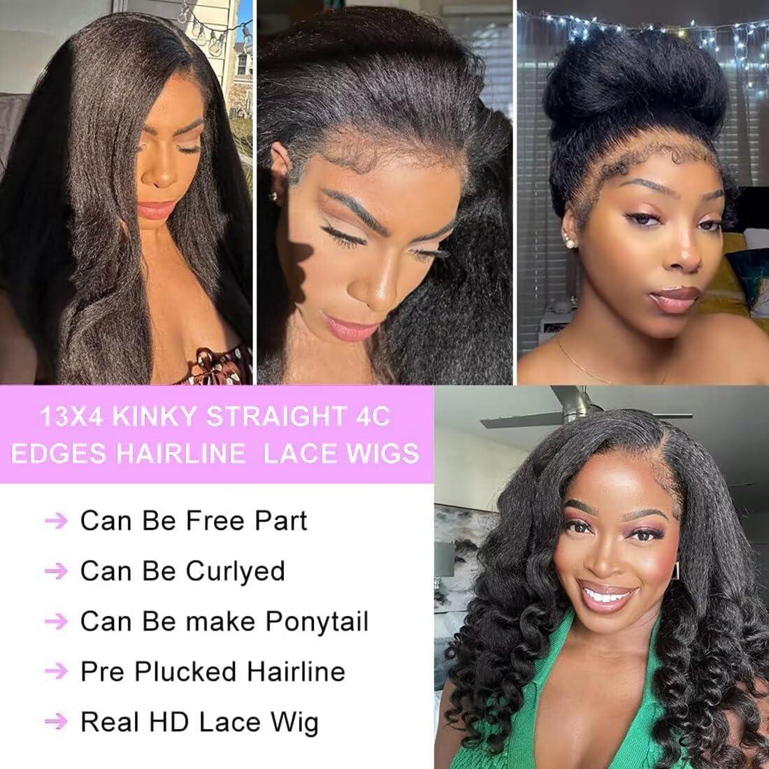 image:image13x4 Perruque Bresilienne Yaki Lace Wig Human Hair Perruque Femme Naturelle Brsilien 180 Density Yaki Cheveux Humain Prplum Kinky Straight Human Hair Wig With Edges Hairline 16 Pouces22 Pouces