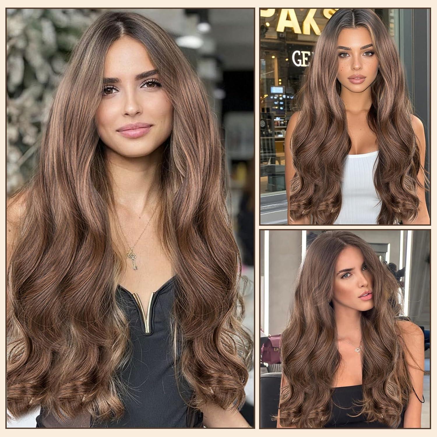 image:image27quot70cm Longue Perruque Ondule Ombre Brune pour Femmes Longue Boucls Perruque de Cheveux Longs Cheveux Synthtiques Boucls Perruques pour Cosplay Tenue Quotidienne