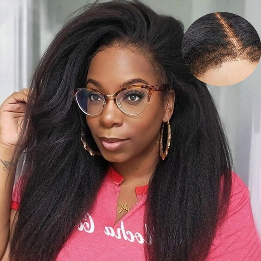 image:image13x4 Perruque Bresilienne Yaki Lace Wig Human Hair Perruque Femme Naturelle Brsilien 180 Density Yaki Cheveux Humain Prplum Kinky Straight Human Hair Wig With Edges Hairline 16 Pouces18 Pouces