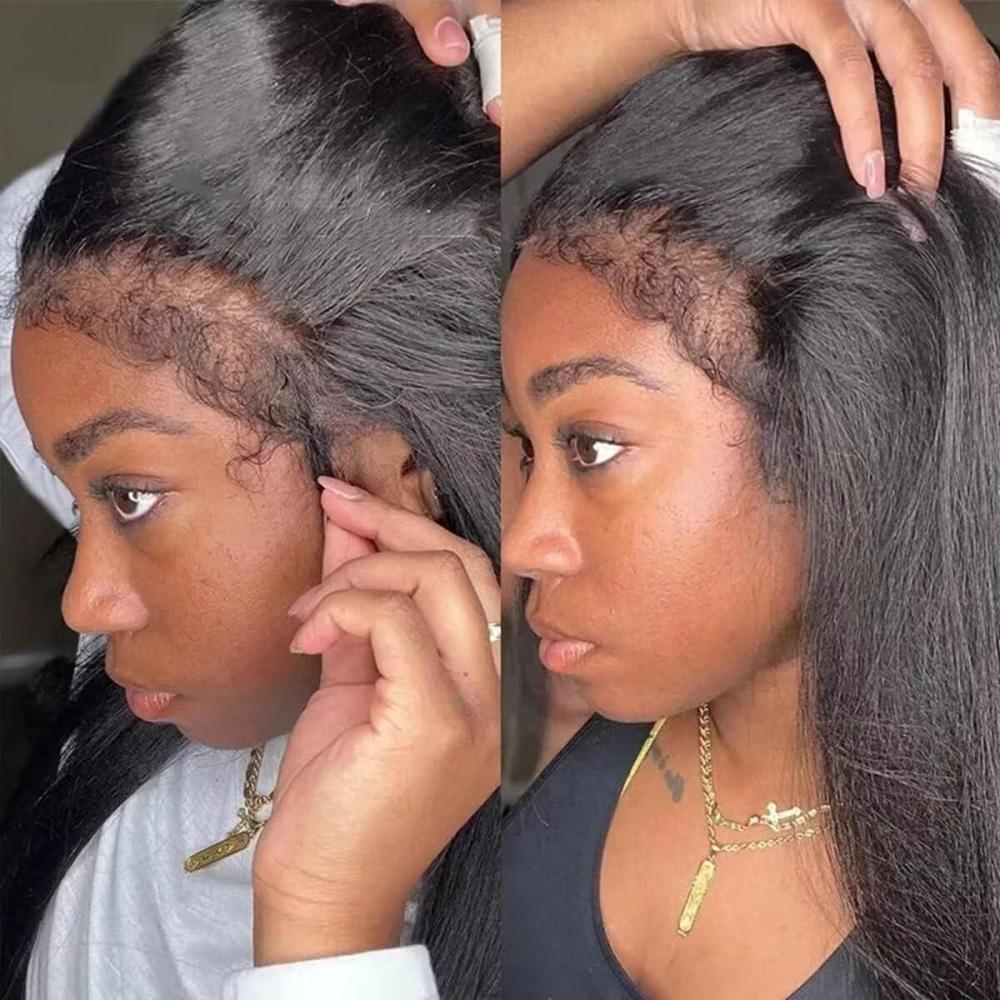 image:image13x4 Perruque Bresilienne Yaki Lace Wig Human Hair Perruque Femme Naturelle Brsilien 180 Density Yaki Cheveux Humain Prplum Kinky Straight Human Hair Wig With Edges Hairline 16 Pouces24 Pouces