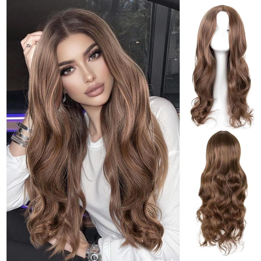 image:image27quot70cm Longue Perruque Ondule Ombre Brune pour Femmes Longue Boucls Perruque de Cheveux Longs Cheveux Synthtiques Boucls Perruques pour Cosplay Tenue Quotidienne