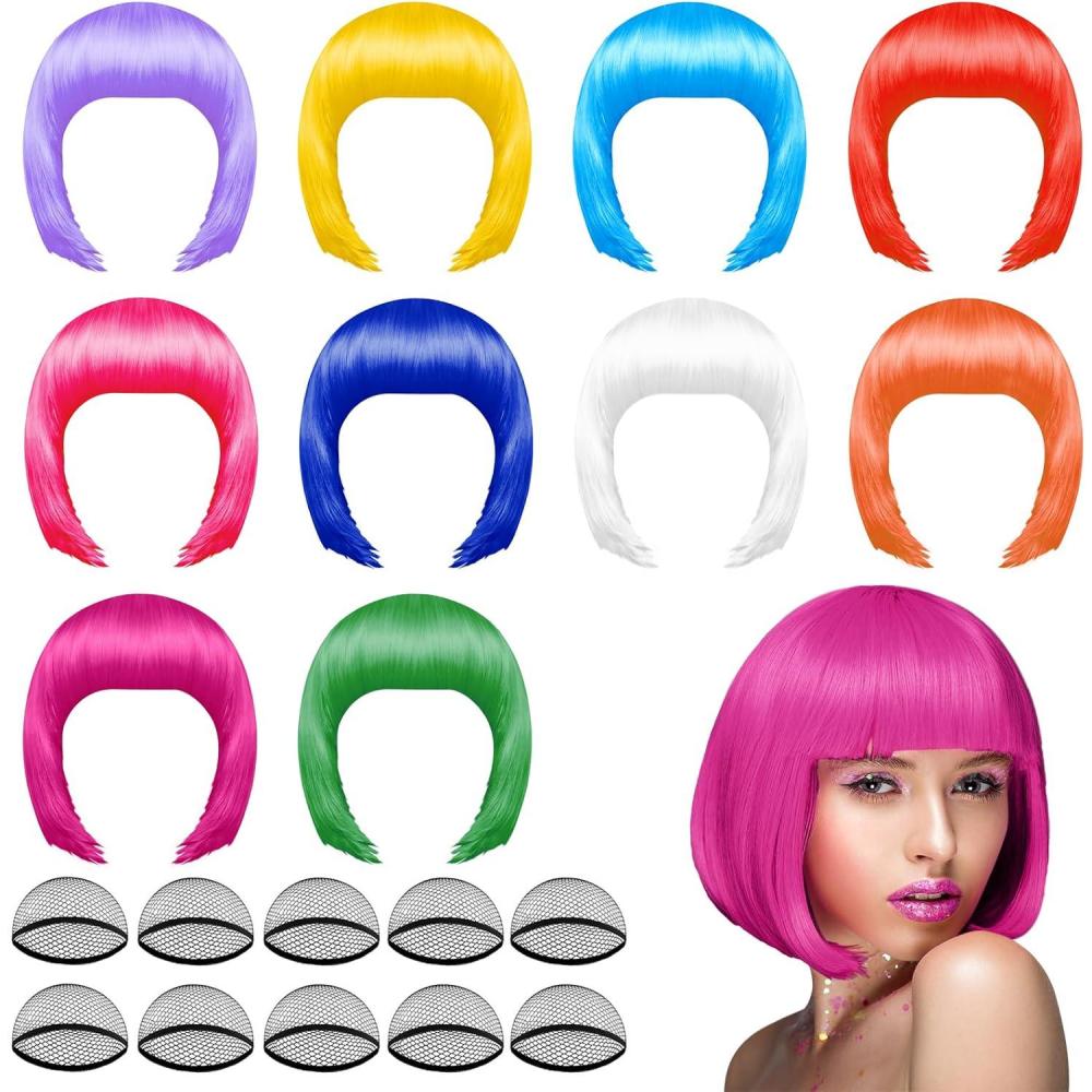 image:imagePLULON 20 morceaux Perruques de fte et Ensemble de lunettes soleil Bob court non Perruque Pack de lunettes soleil Costume Color Cosplay perruque fte quotidienne Postiches Faveurs fte Bachelorette10 colors