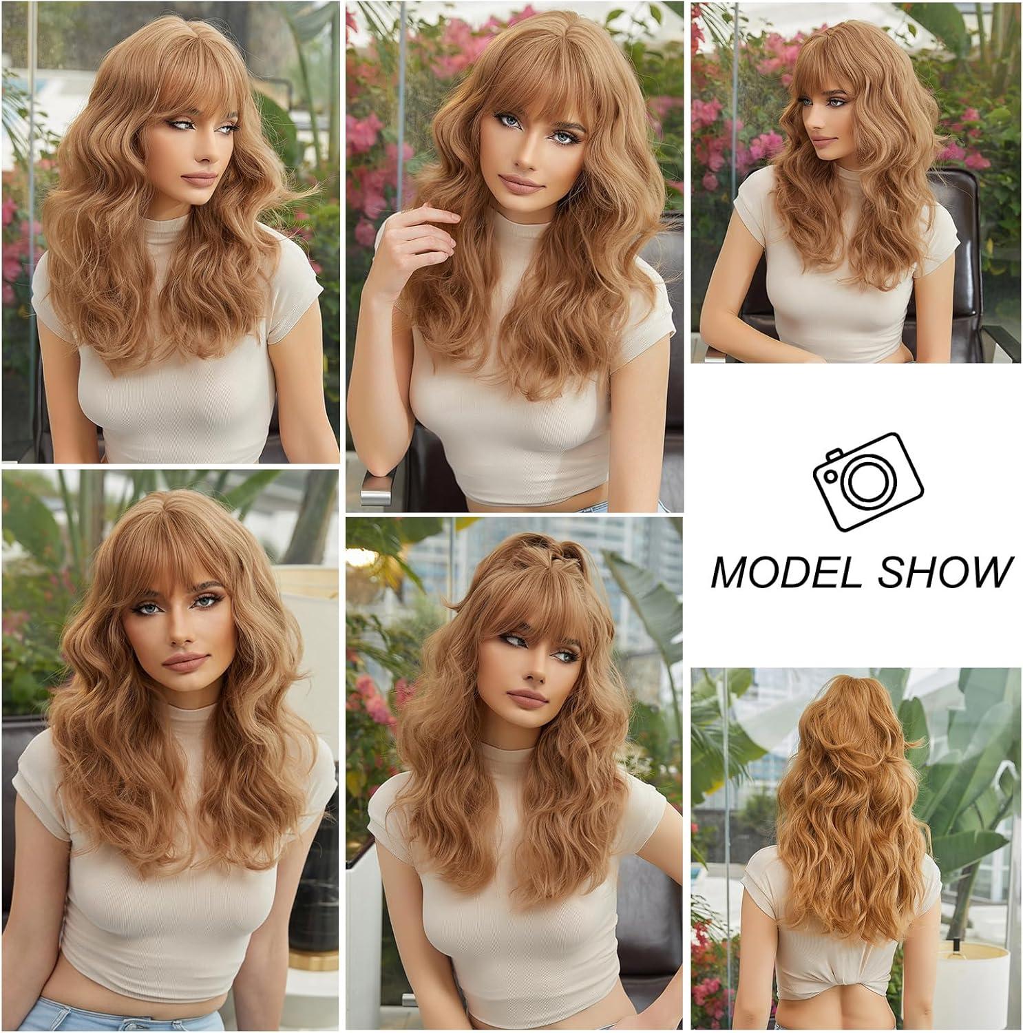 image:imageEsmee Perruque Longue Ondule Blond Platine pour Femmes Cheveux Synthtiques Naturels Perruques Blanches Rsistantes la Chaleur avec FrangeBlond Fraise