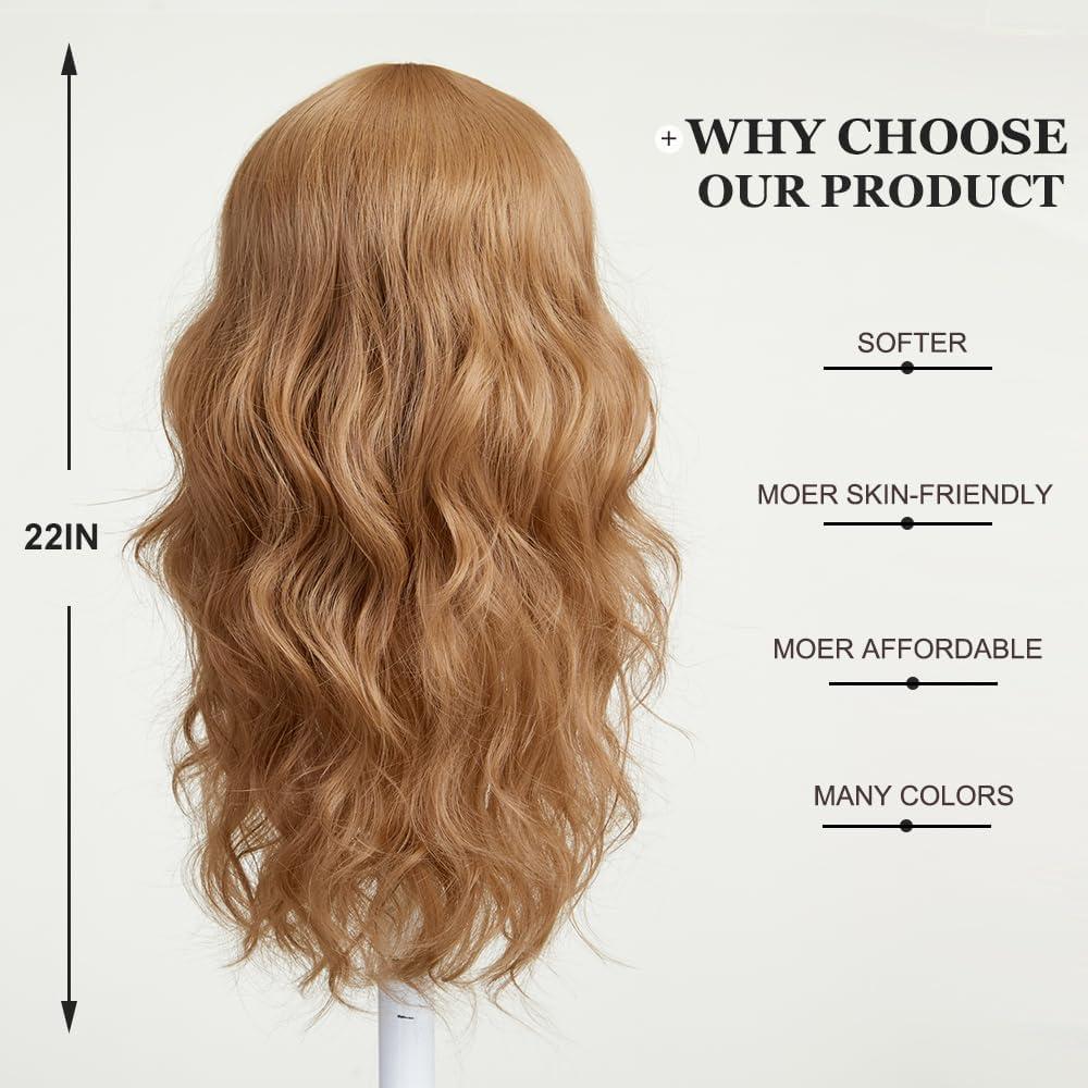 image:imageEsmee Perruque Longue Ondule Blond Platine pour Femmes Cheveux Synthtiques Naturels Perruques Blanches Rsistantes la Chaleur avec FrangeBlond Fraise
