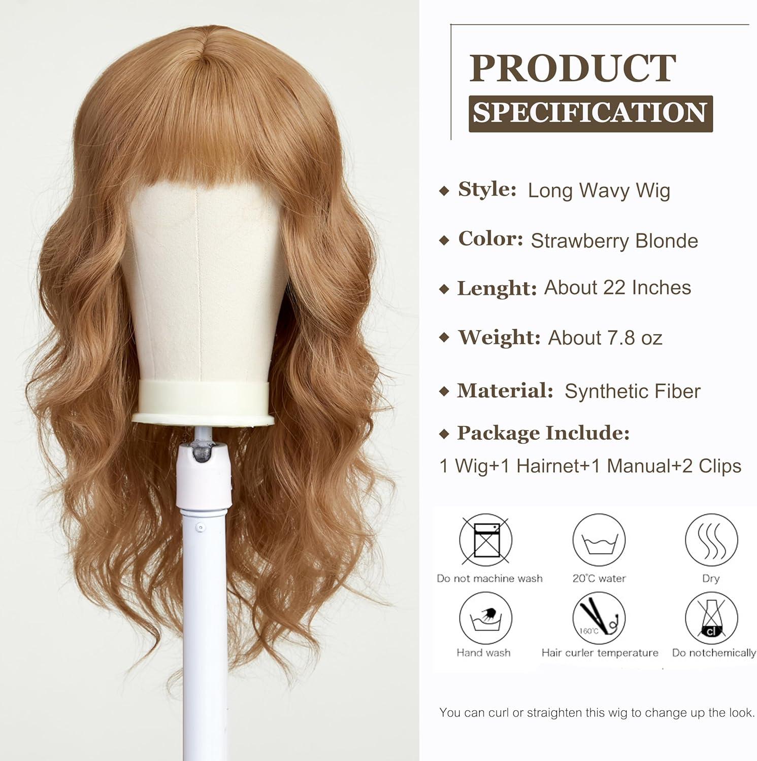 image:imageEsmee Perruque Longue Ondule Blond Platine pour Femmes Cheveux Synthtiques Naturels Perruques Blanches Rsistantes la Chaleur avec FrangeBlond Fraise