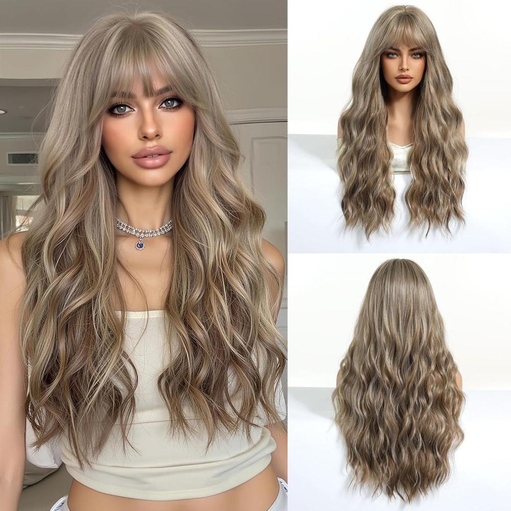 image:imageEsmee Perruque Longue Ondule Blond Platine pour Femmes Cheveux Synthtiques Naturels Perruques Blanches Rsistantes la Chaleur avec FrangeBlond Cendr 83324