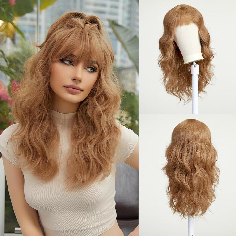 image:imageEsmee Perruque Longue Ondule Blond Platine pour Femmes Cheveux Synthtiques Naturels Perruques Blanches Rsistantes  la Chaleur avec FrangeBlond Fraise
