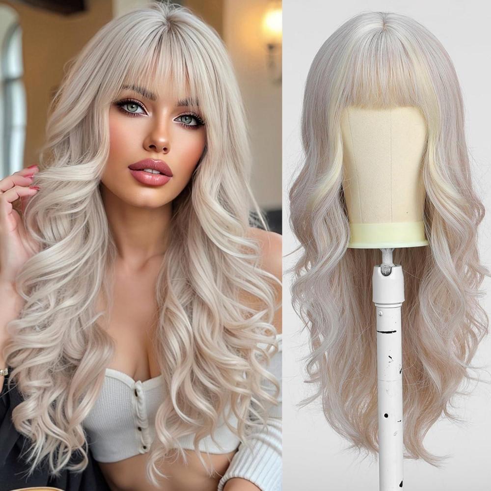 image:imageEsmee Perruque Longue Ondule Blond Platine pour Femmes Cheveux Synthtiques Naturels Perruques Blanches Rsistantes  la Chaleur avec FrangeBlond platine