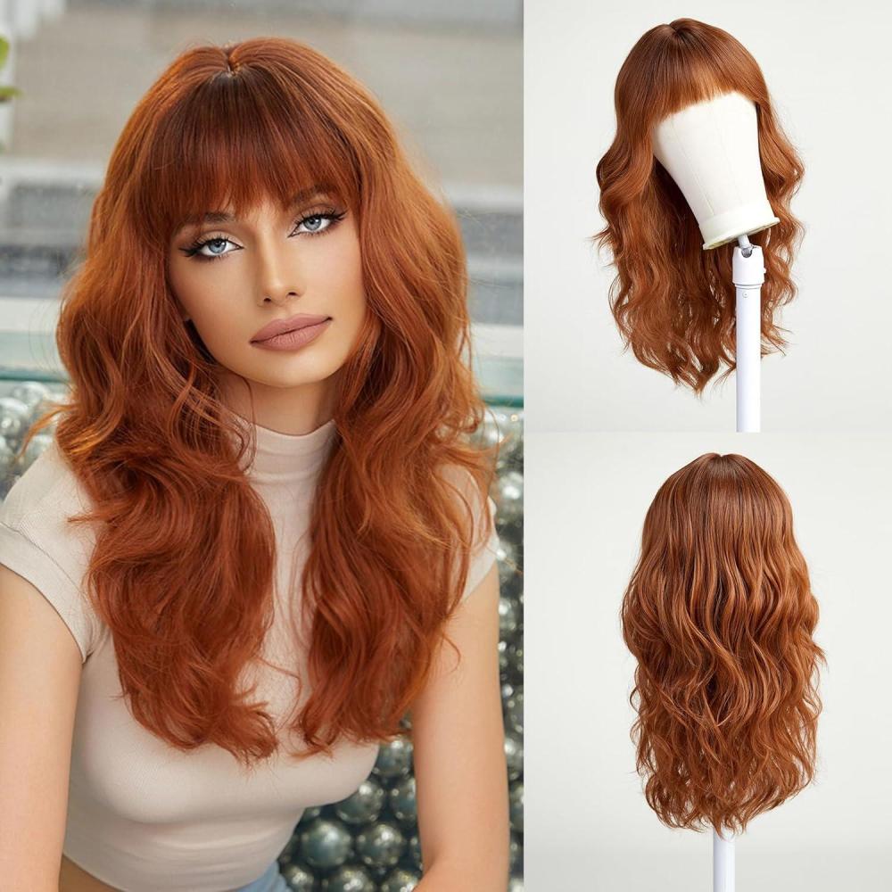 image:imageEsmee Perruque Longue Ondule Blond Platine pour Femmes Cheveux Synthtiques Naturels Perruques Blanches Rsistantes  la Chaleur avec FrangeGingembre