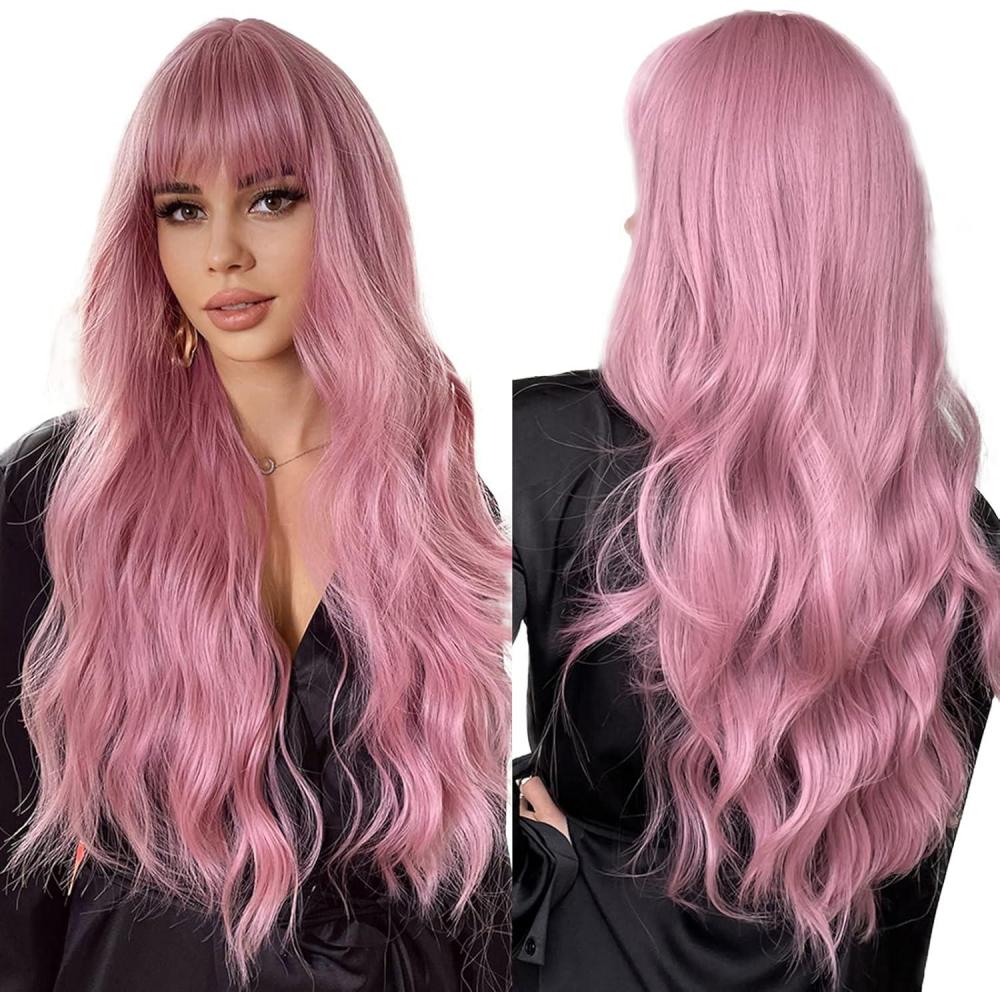 image:imageEsmee Perruque Longue Ondule Blond Platine pour Femmes Cheveux Synthtiques Naturels Perruques Blanches Rsistantes  la Chaleur avec FrangeRose
