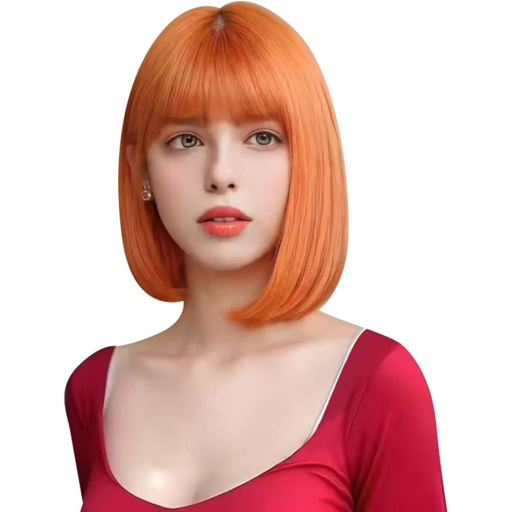 image:imageGinger Straight Bob Wig With Bangs Perruque Longueur DPaule Pour Femmes Cheveux SynthTiques Naturels Perruques De Cheveux SynthTiques Cosplay Utilisation Quotidienne De La FTe