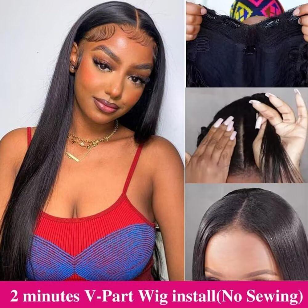 image:imagePerruque Femme Naturelle Brsilien V Part Wig Human Hair Straight Upgrade U Part Wigs Less Leave Out No Lace Glueless Wig Human Hair 16 Pouce Perruque Sans Colle Cheveux Humain FemmeNatural Color