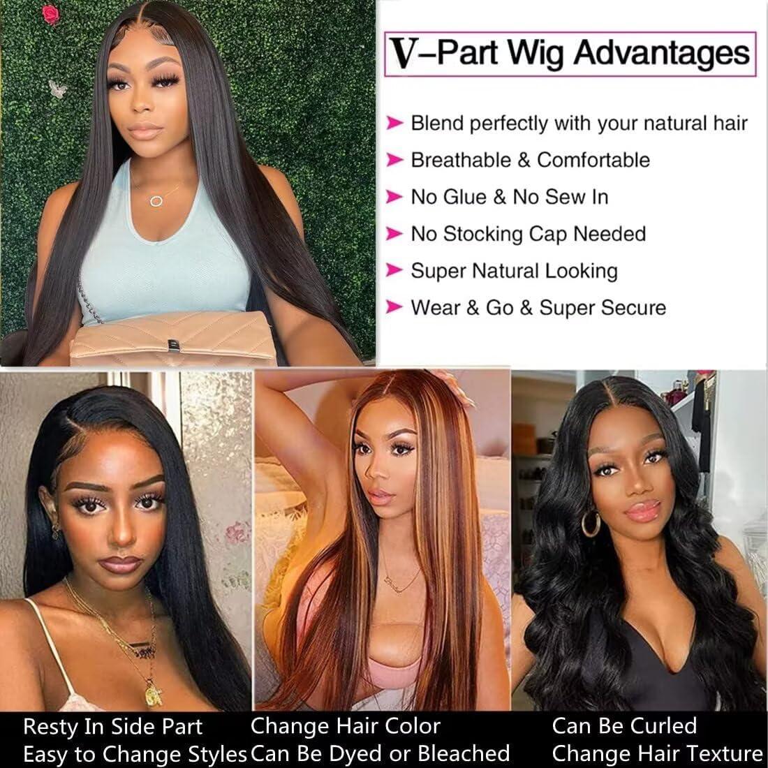 image:imagePerruque Femme Naturelle Brsilien V Part Wig Human Hair Straight Upgrade U Part Wigs Less Leave Out No Lace Glueless Wig Human Hair 16 Pouce Perruque Sans Colle Cheveux Humain FemmeNatural Color