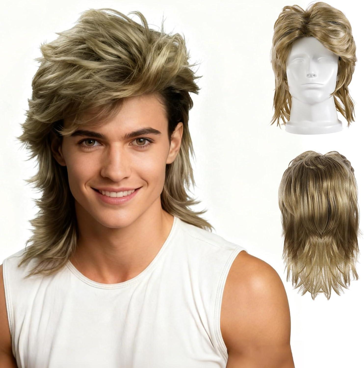 image:imagePerruque Mulet Homme Perruque Marron Clair Ann e70 80 Perruque Mulet Chanteur Rock Longue Perruque Hippie Cheveux Synthtiques pour Carnaval Cosplay Halloween Costume Party