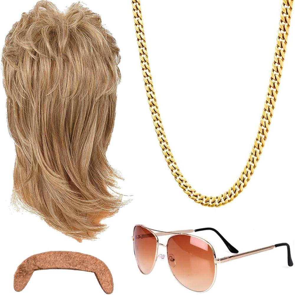 image:imageEnsemble de Perruques de mulet pour Hommes des annes 80 Perruque Lunettes de Soleil Collier Fausse Moustache Accessoires de fte fte thme de Carnaval