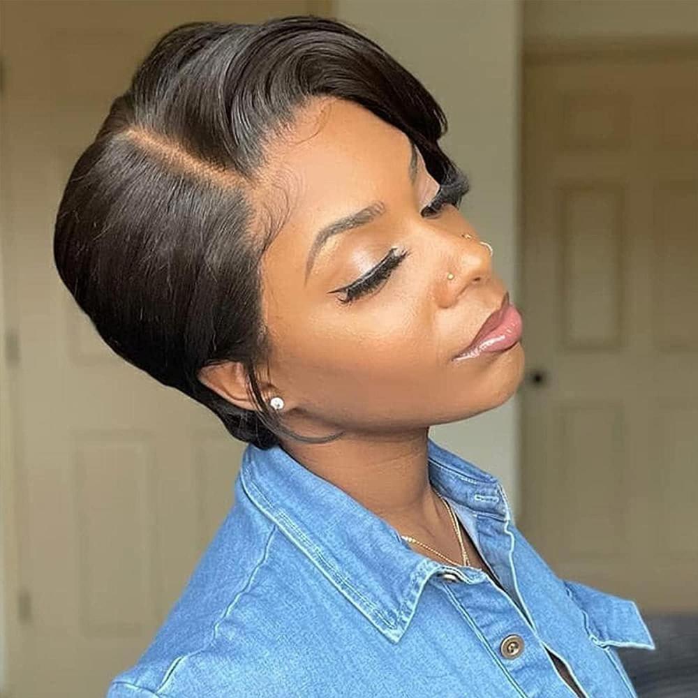 image:imagePORSMEER Perruque Femme Naturelle Synthtique Cheveux Lace Frontale Wig Perruque Courte Bresilienne Raides Coupe Pixie pour Femme 150 Densit Perruque Noire et auburn rougeNaturelle Noire