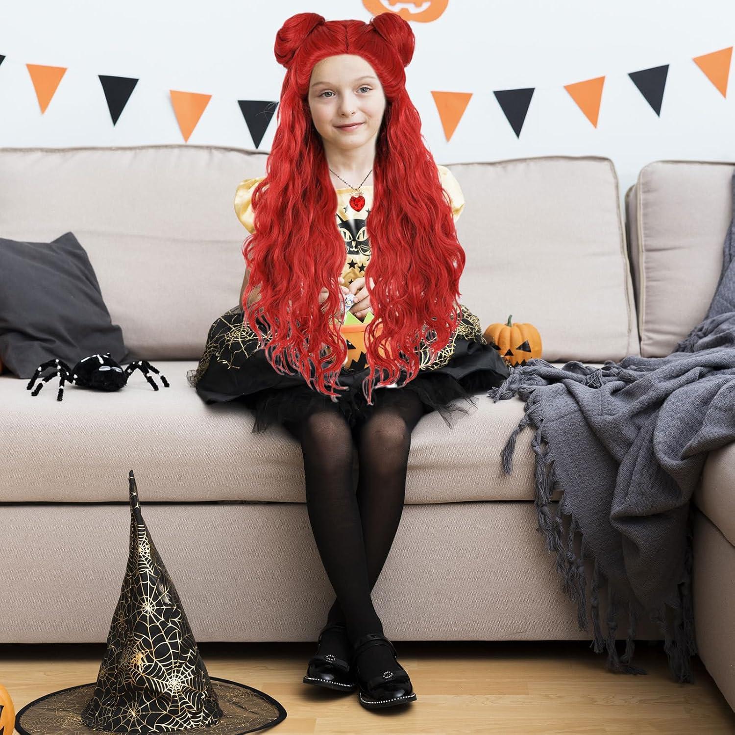 image:imagePerruque dHalloween rouge pour enfant longue perruque boucle rouge avec boucles doreilles pour fille Dguisement confortable et polyvalent pour le carnaval les ftes scolaires
