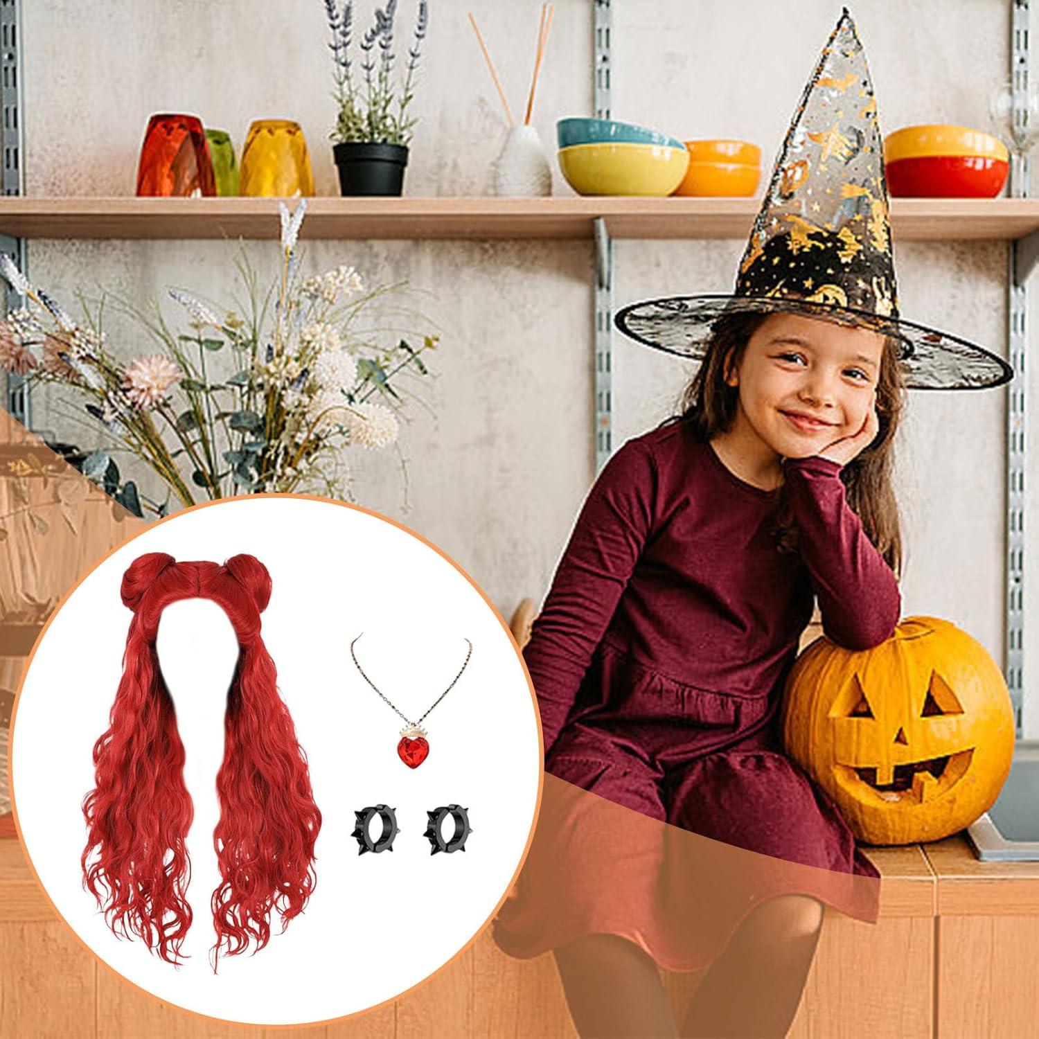 image:imagePerruque dHalloween rouge pour enfant longue perruque boucle rouge avec boucles doreilles pour fille Dguisement confortable et polyvalent pour le carnaval les ftes scolaires