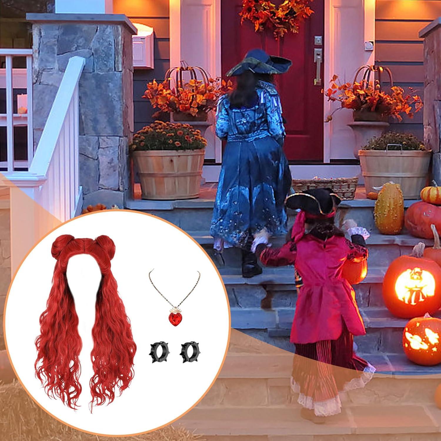 image:imagePerruque dHalloween rouge pour enfant longue perruque boucle rouge avec boucles doreilles pour fille Dguisement confortable et polyvalent pour le carnaval les ftes scolaires
