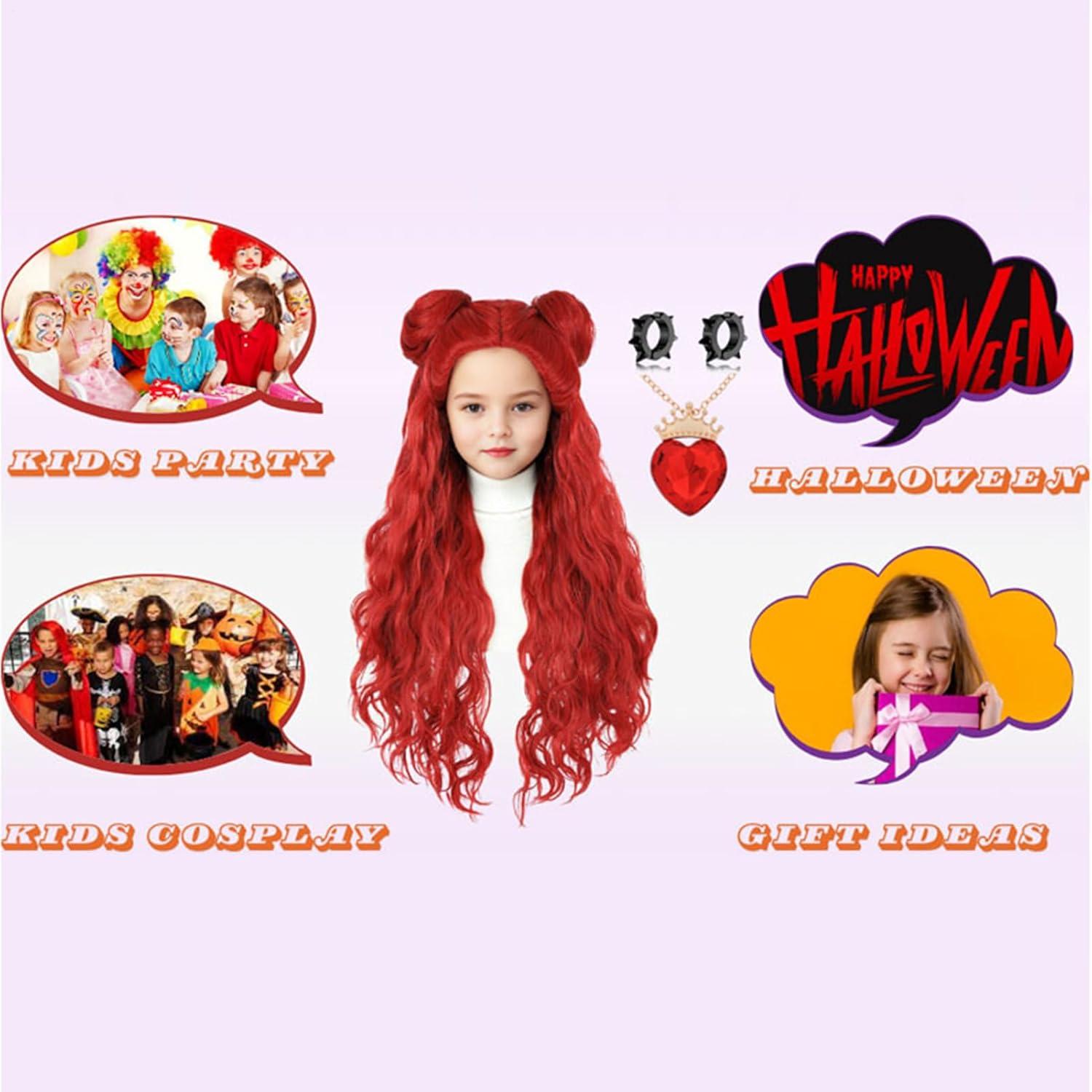 image:imagePerruque dHalloween rouge pour enfant longue perruque boucle rouge avec boucles doreilles pour fille Dguisement confortable et polyvalent pour le carnaval les ftes scolaires