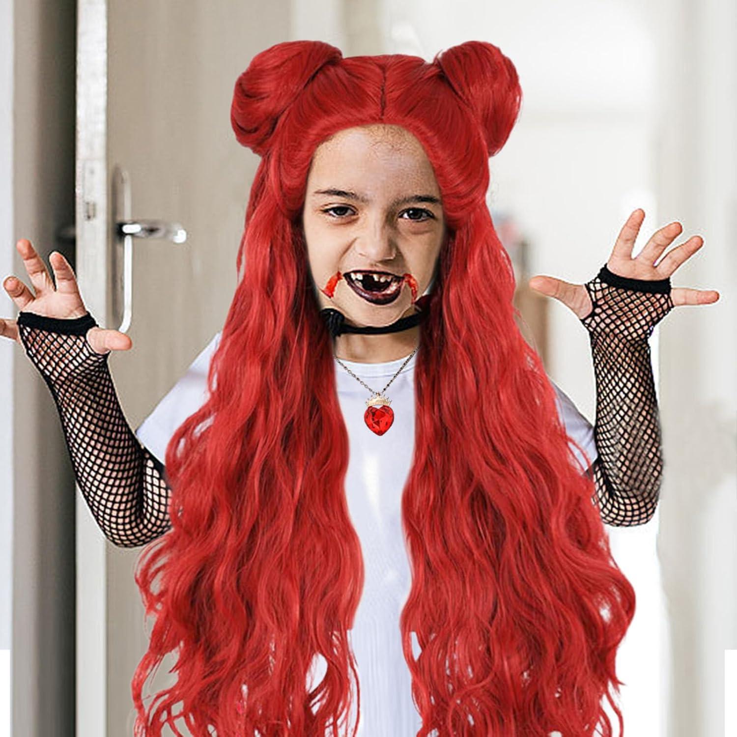 image:imagePerruque dHalloween rouge pour enfant longue perruque boucle rouge avec boucles doreilles pour fille Dguisement confortable et polyvalent pour le carnaval les ftes scolaires