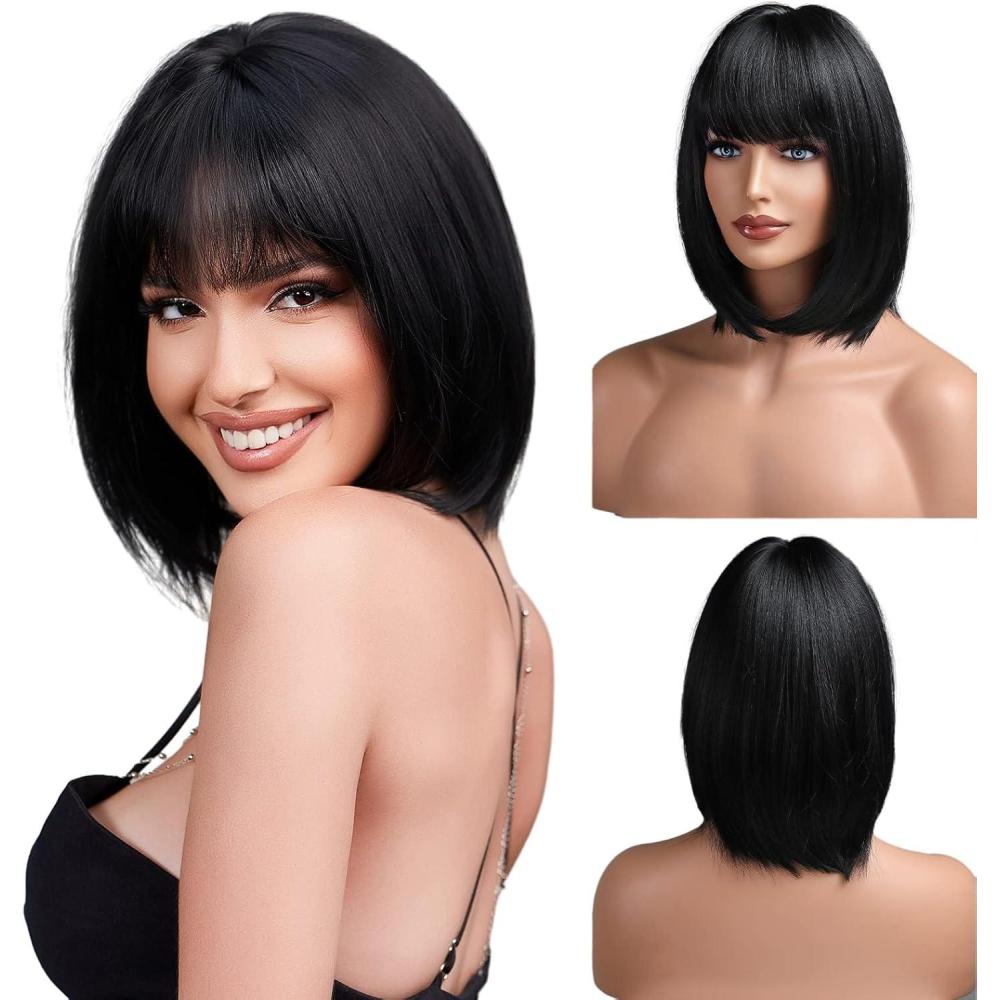 image:imageEmmor perruque blonde courte pour femmes perruques compltes droites synthtiques de cheveux naturels avec une frange soigne  usage quotidienNoire