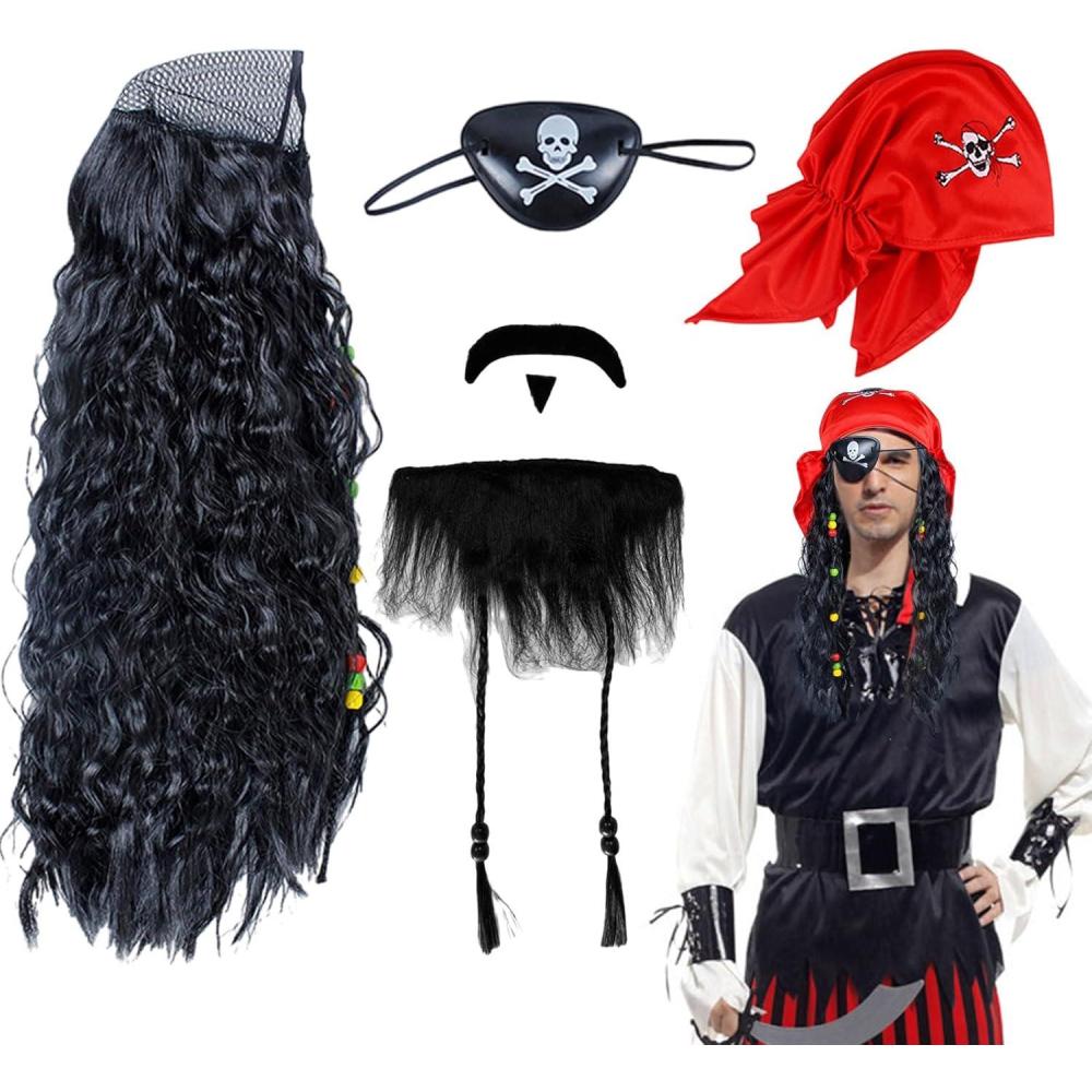 image:imageEnsemble de Costume de Pirate Adulte Enfant Accessoires de Pirate Perruque de Pirate Chapeau de Pirate Barbe Cache il de Pirate Costume Pirate Homme pour Halloween Carnaval Party4 Pcs