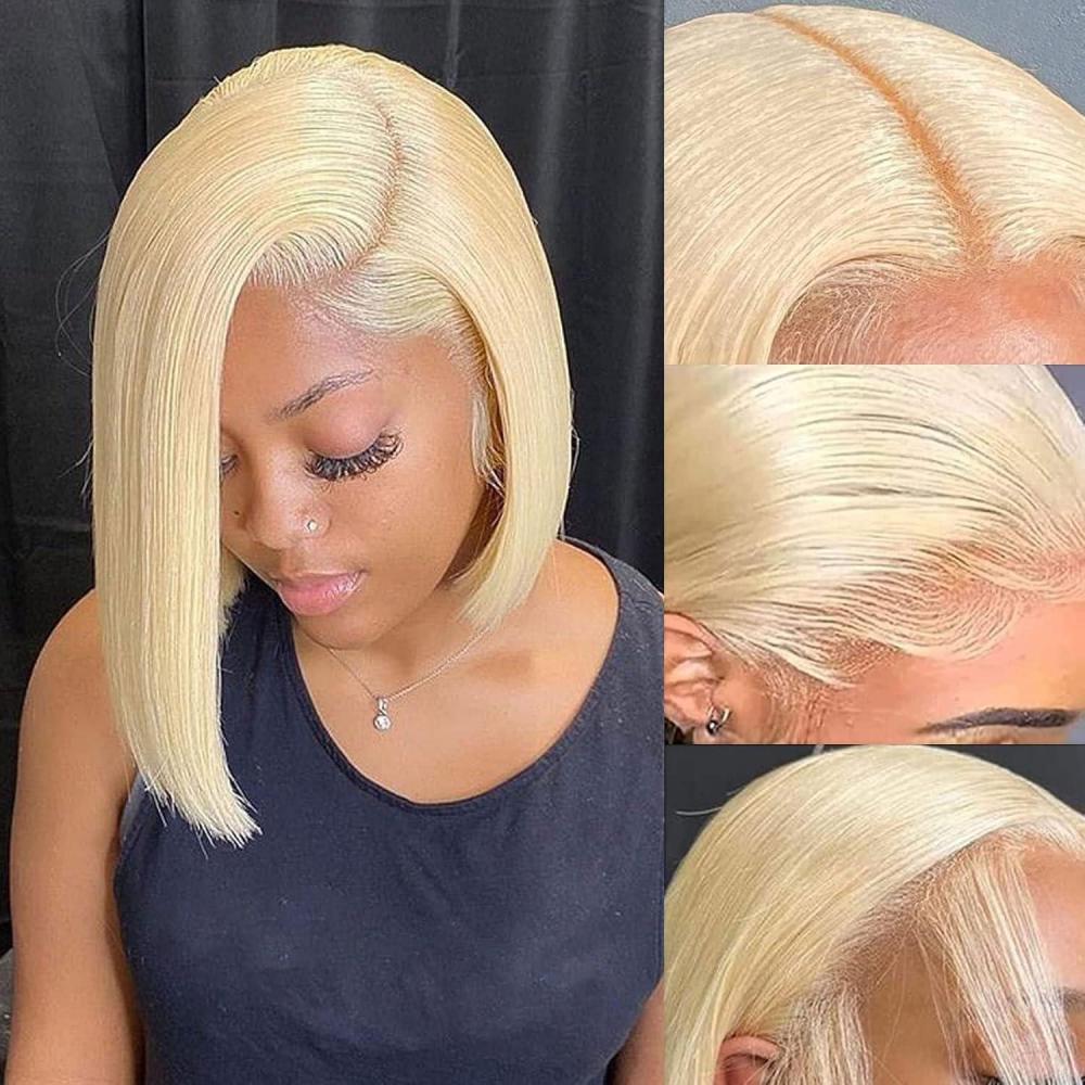 image:imageHihmarm Perruque de cheveux humains blonds raides et courts 613 sans colle 33 x 102 cm avec dentelle frontale  Densit de 180  Pour femme noire  Implantation naturelle  305 cmPerruque lace front couleur 613