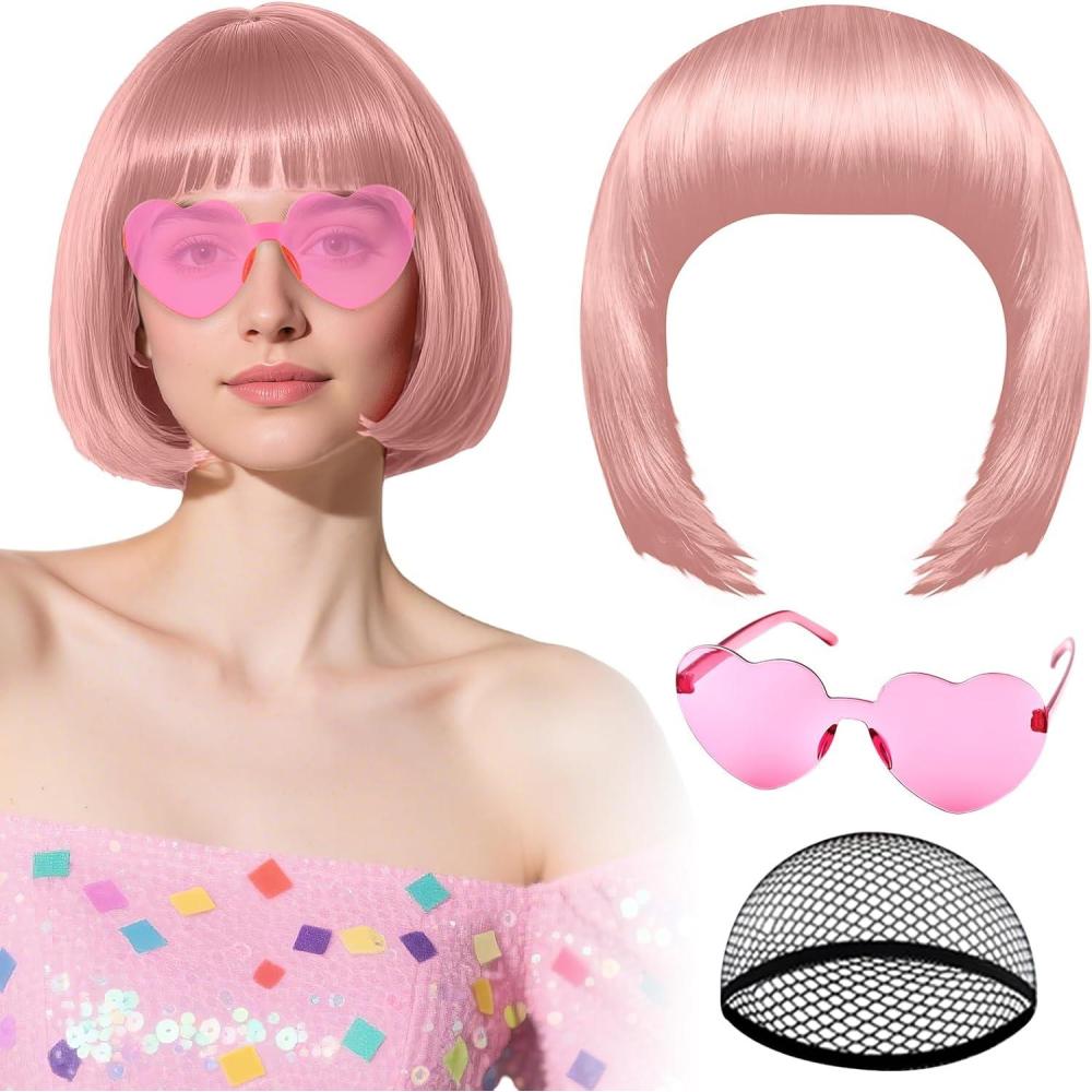 image:imagePerruque blanche avec lunettes de soleil en forme de cur et bonnet pour femme perruque courte synthtique colore et amusante PLULON idale pour enterrement de vie de jeune fille ou HalloweenJoli rose