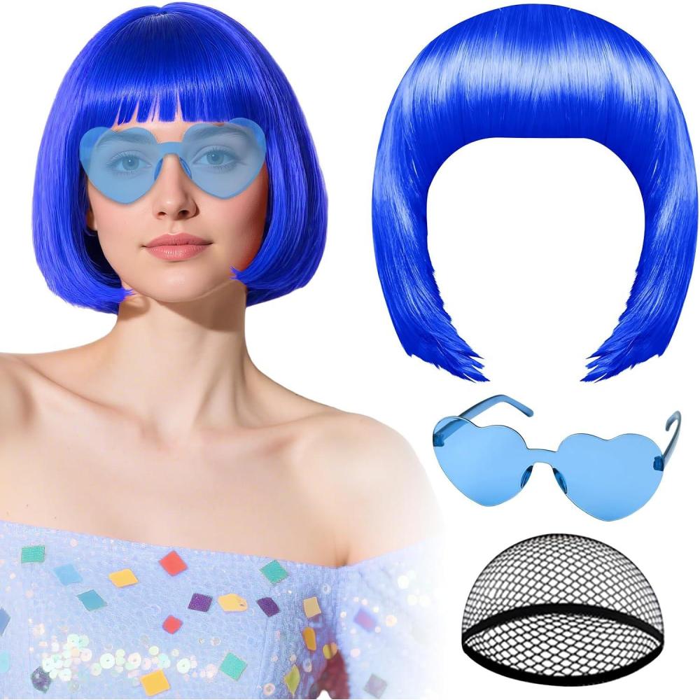 image:imagePerruque blanche avec lunettes de soleil en forme de cur et bonnet pour femme perruque courte synthtique colore et amusante PLULON idale pour enterrement de vie de jeune fille ou HalloweenBleu royal