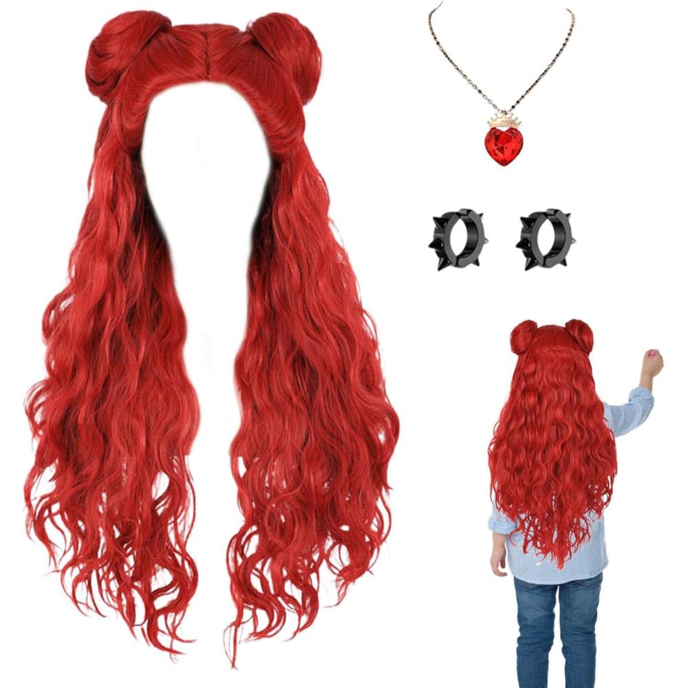 image:imagePerruque dHalloween rouge pour enfant longue perruque boucle rouge avec boucles doreilles pour fille Dguisement confortable et polyvalent pour le carnaval les ftes scolaires