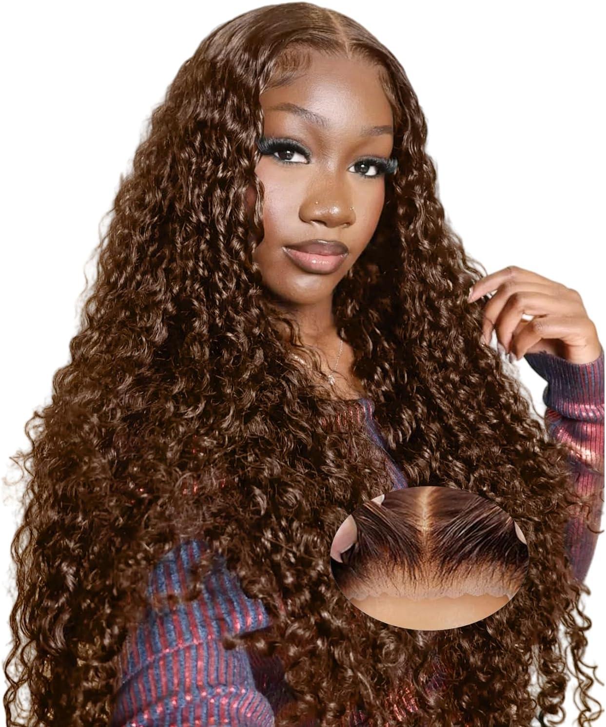image:imageRXY 18 Pouces 200 Densit 9x6 Brun Chocolat Deep Wave Perruque Femme Naturelle Brsilien Wear And Go Sans Colle Perruque Cheveux Humain Glueless Wig Human Hair Pre Plucked Pre Cut46cmLight Brown