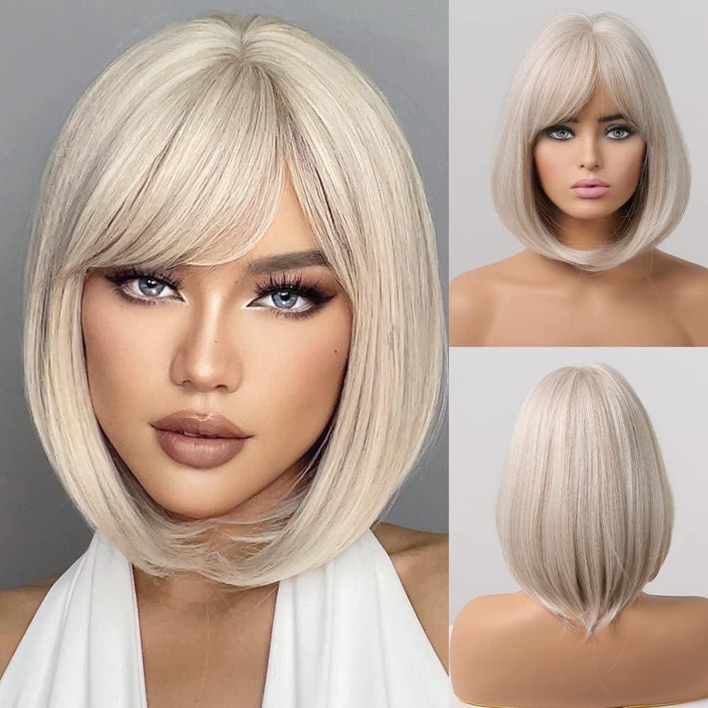 image:imageEMMOR Perruque Bob courte avec frange pour femmes en fibre synthtique naturelle apparence naturelle adapte pour la vie quotidienneftecosplay noirBeige