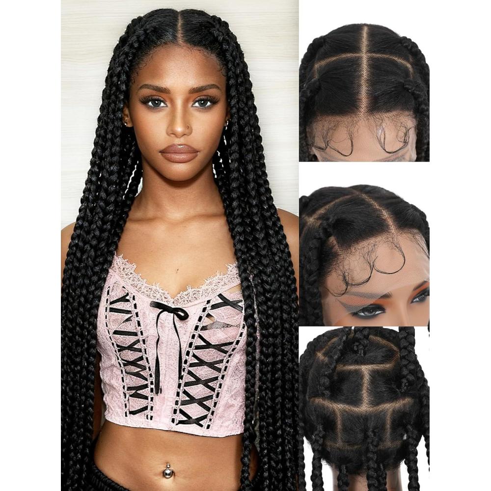 image:imageFAVE Perruques Tresses pour Femme  Perruque  Tresses Intgrale Double Dentelle avec Pointes Boucles Coiffure Tresse sans Colle avec Baby Hair pour Usage Quotidien 75 cm Noir NaturelNoir Naturel