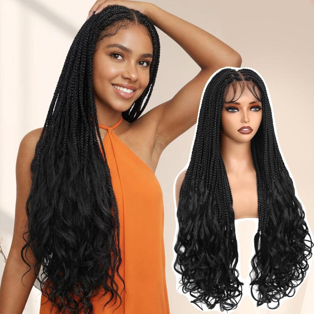 image:imageFAVE Perruques Tresses pour Femme  Perruque  Tresses Intgrale Double Dentelle avec Pointes Boucles Coiffure Tresse sans Colle avec Baby Hair pour Usage Quotidien 75 cm Noir NaturelNB
