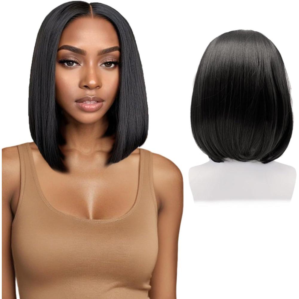 image:imageNoir Bob Perruque pour Femmes 12 Pouces Cheveux Synthtiques Courts et Raides Perruques Longueur Dpaule pour Cosplay Ftes et Usage Quotidien NoirNoir