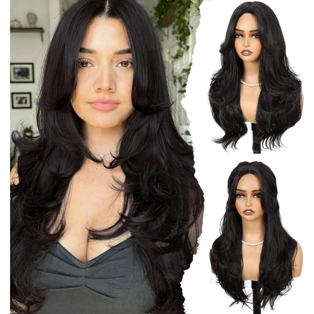 image:imagePerruque noire naturelle de 66 cm pour femme perruque synthtique longue ondule prcoupe sans colle cheveux naturels pour un usage quotidien