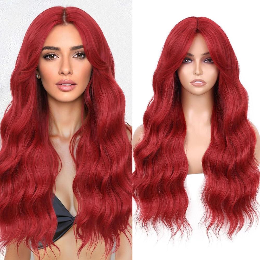image:imageWIGNEE Perruque Femme Longue Blond Ombr Boucle et Ondule 66 cm Partie Milieu Synthtiques avec FrangePerruque Femme Naturelle Fibre Rsistante la Chaleur pour Usage QuotidienRed