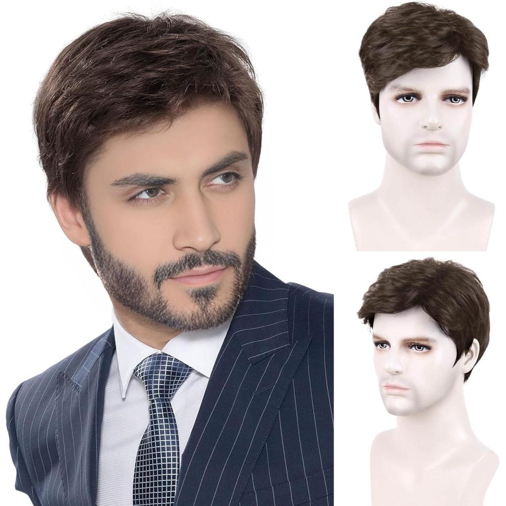 image:imageBecus Perruque Homme Naturel Courtes Perruque Brune Partie Latrale Boucls Synthtiques Cheveux Perruques Mode Gars Mle Perruque Carnaval Halloween Usage Quotidien BruneMarron
