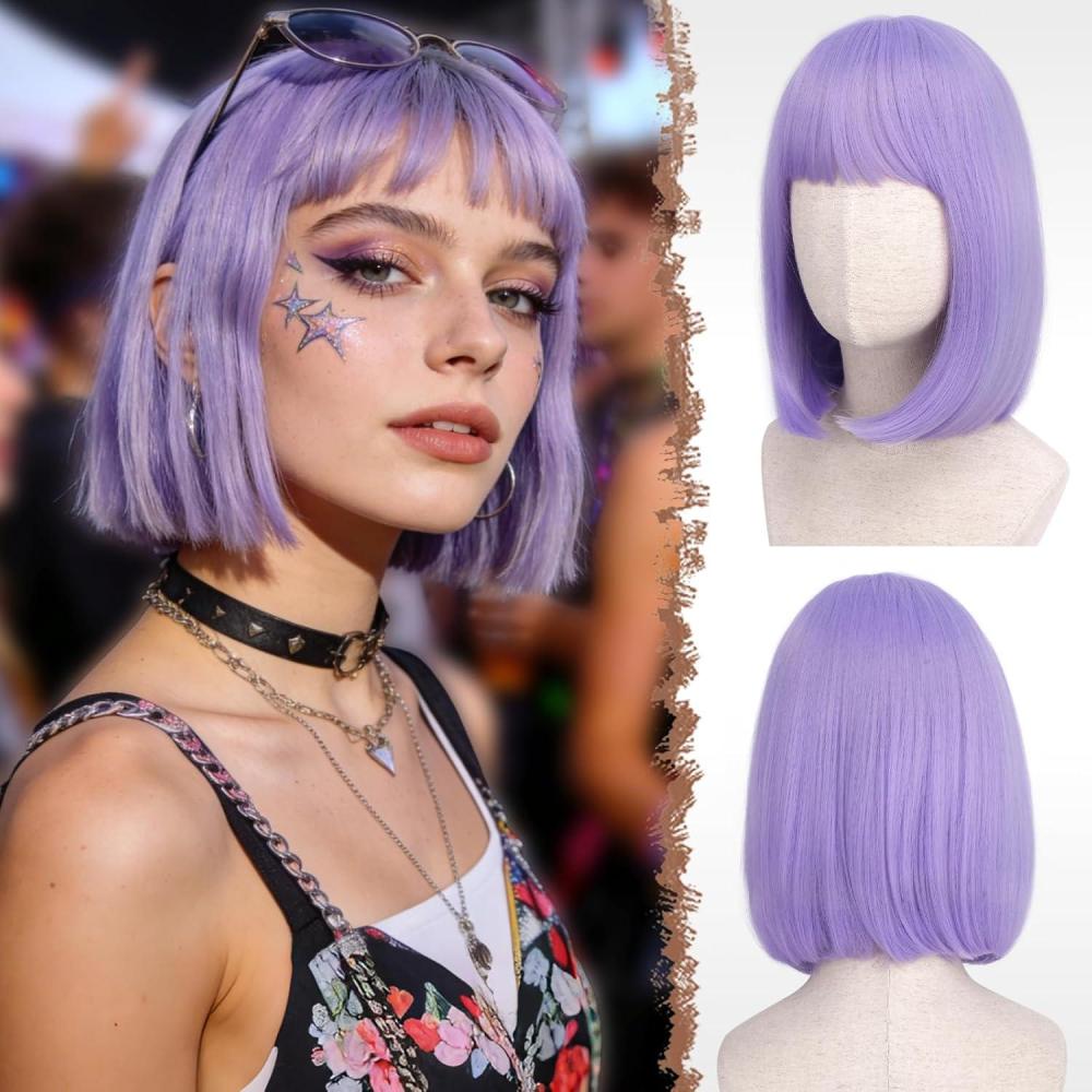 image:imageFESHFEN Auburn Courte Bob Perruque avec Franges 30 cm Droites Color Perruques de Cheveux Synthtiques Cosplay Utilisation Quotidienne De La Fte pour Femmes Carnaval Straight Wig With BangsViolet Clair
