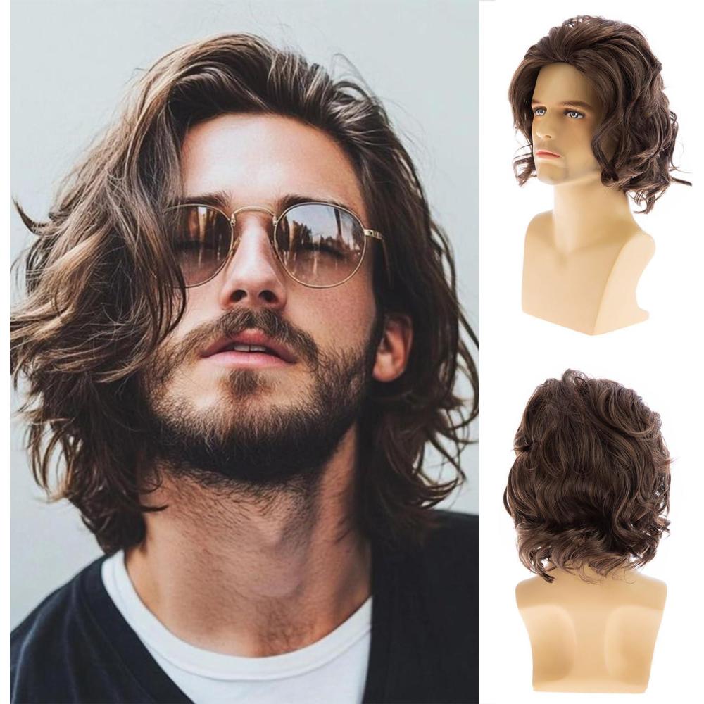 image:imagePerruque courte ondule marron pour homme Perruque de cheveux naturels pour cosplaymarron