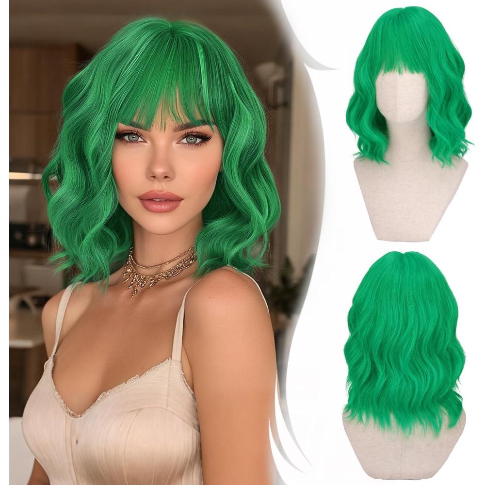 image:imageRUWISS Perruque Bob Naturelle Courte Femme avec Franges 35 cm Perruque Rose Boucle Ondule Synthtiques pour Cosplay Quotidien HalloweenVert
