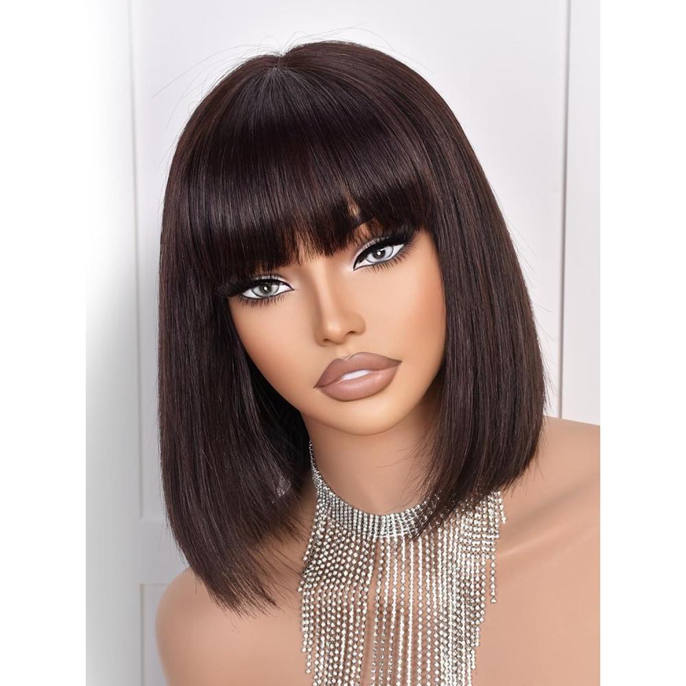 image:imagePerruque bob en cheveux humains Densit 210 Avec frange 100 cheveux humains Pour femmes noires Prblanchie Sans colle Noir2
