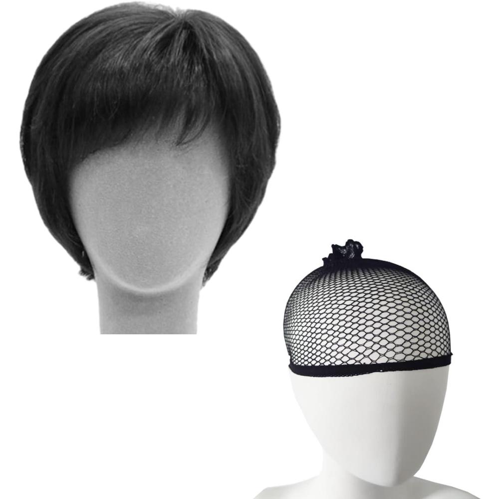 image:image1 perruque de cheveux courts pour femme avec 1 filet  cheveux perruque de cheveux humains perruque Pixie perruque africaine perruque courte convient aux hommes et aux femmes noir