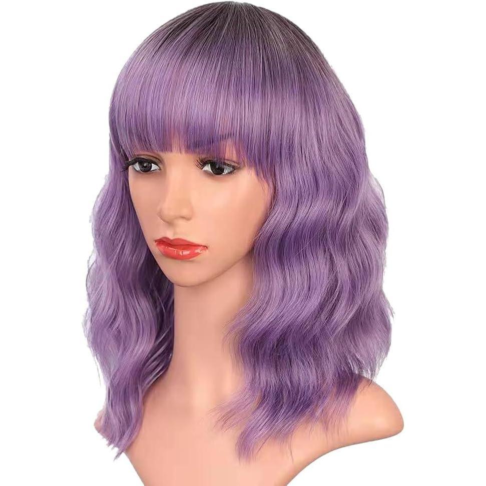 image:imagePerruque Ondule Avec Frange DAir Perruque Courte Bob Pour Femmes Boucls Longueur Dpaule Ondule Perruques Synthtiques De Cosplay Filles Rose13 PoucesViolet