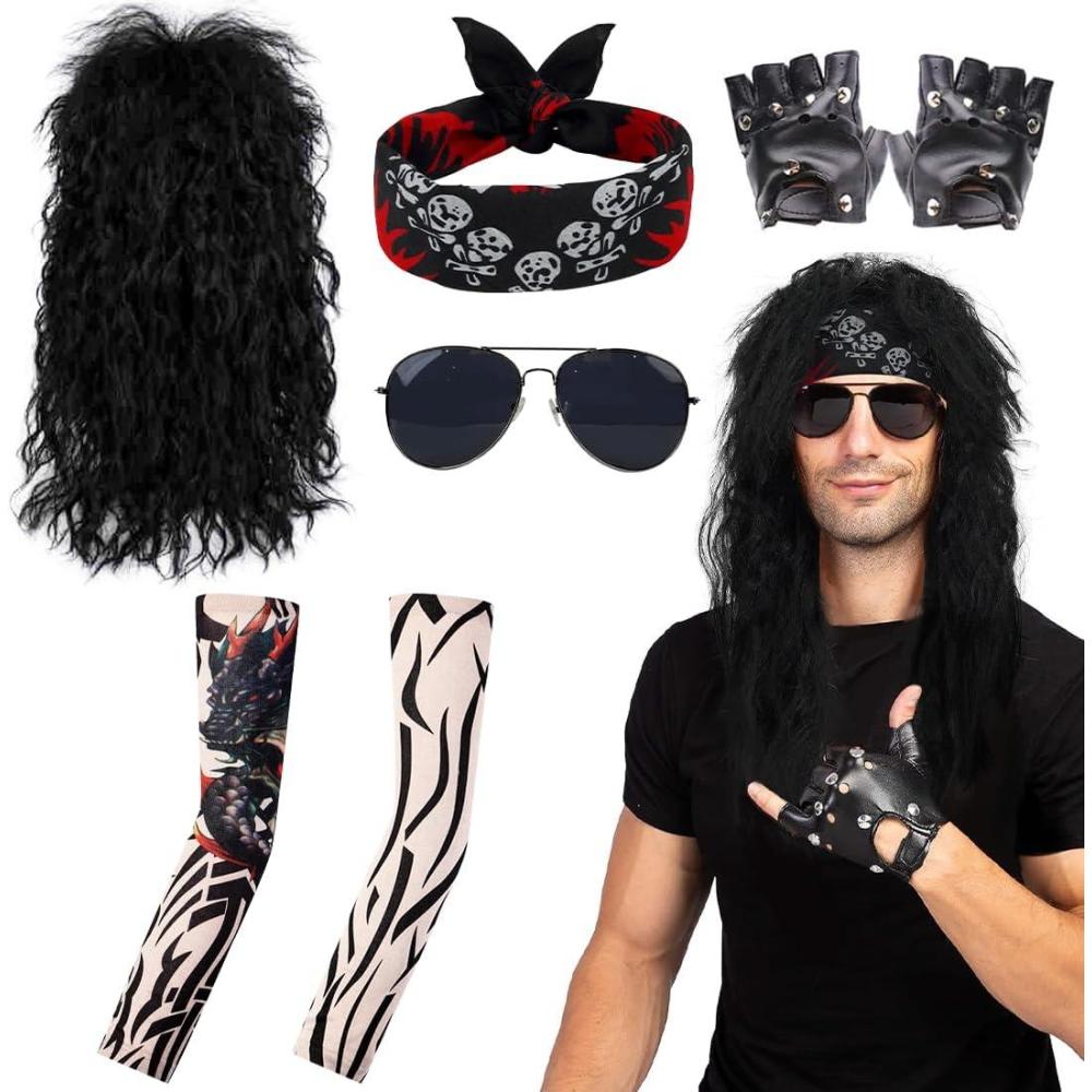 image:imageDeguisement Annee 70 80 90 Costume Rocker Deguisement Disco Accessoire Hippie avec Perruque Lunettes Gants Bandanas TatouageManches pour Carnaval amp Fte  thmeCouleurcostumeb