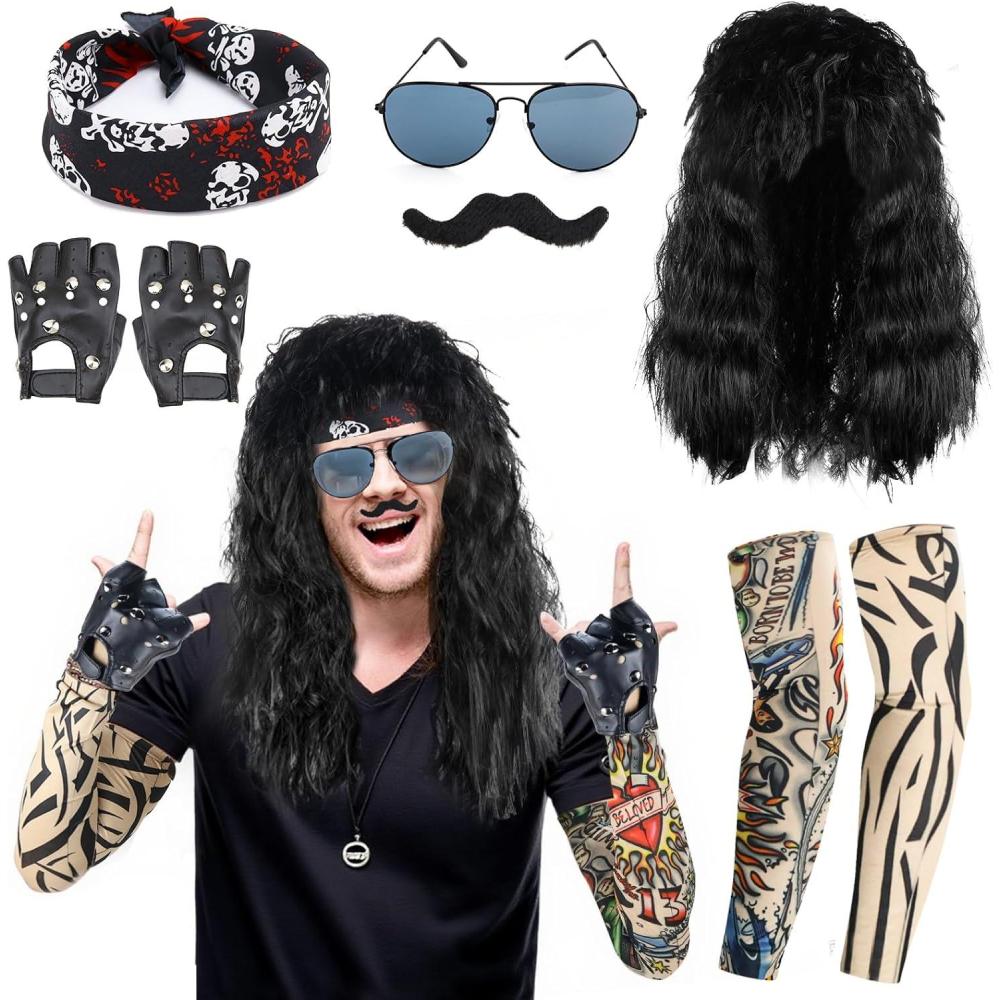 image:imageDguisement Homme Rock Kit Punk Rock Perruque Accessoires Rockstar perruque homme annee 70 80 90 avec Perruque Lunettes Gants Bandanas Manches